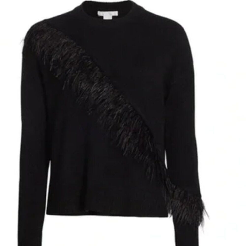 Design History Feather Trim Crew Sweater in Black Size M